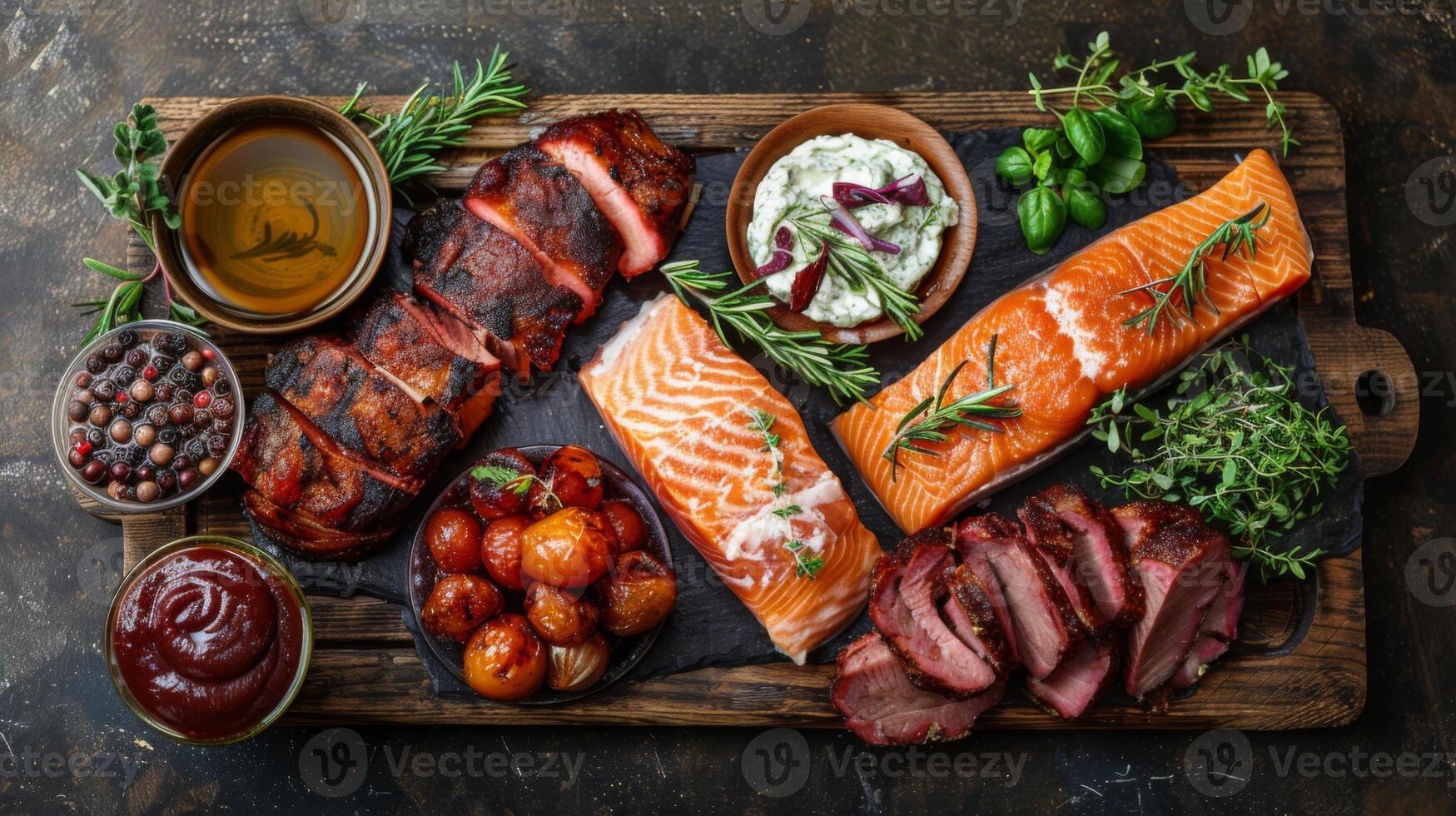 A beautifully arranged platter features a variety of grilled meats and seafood, including salmon and tender cuts, complemented by fresh herbs, cherry tomatoes, and flavorful dips, ideal for sharing. photo