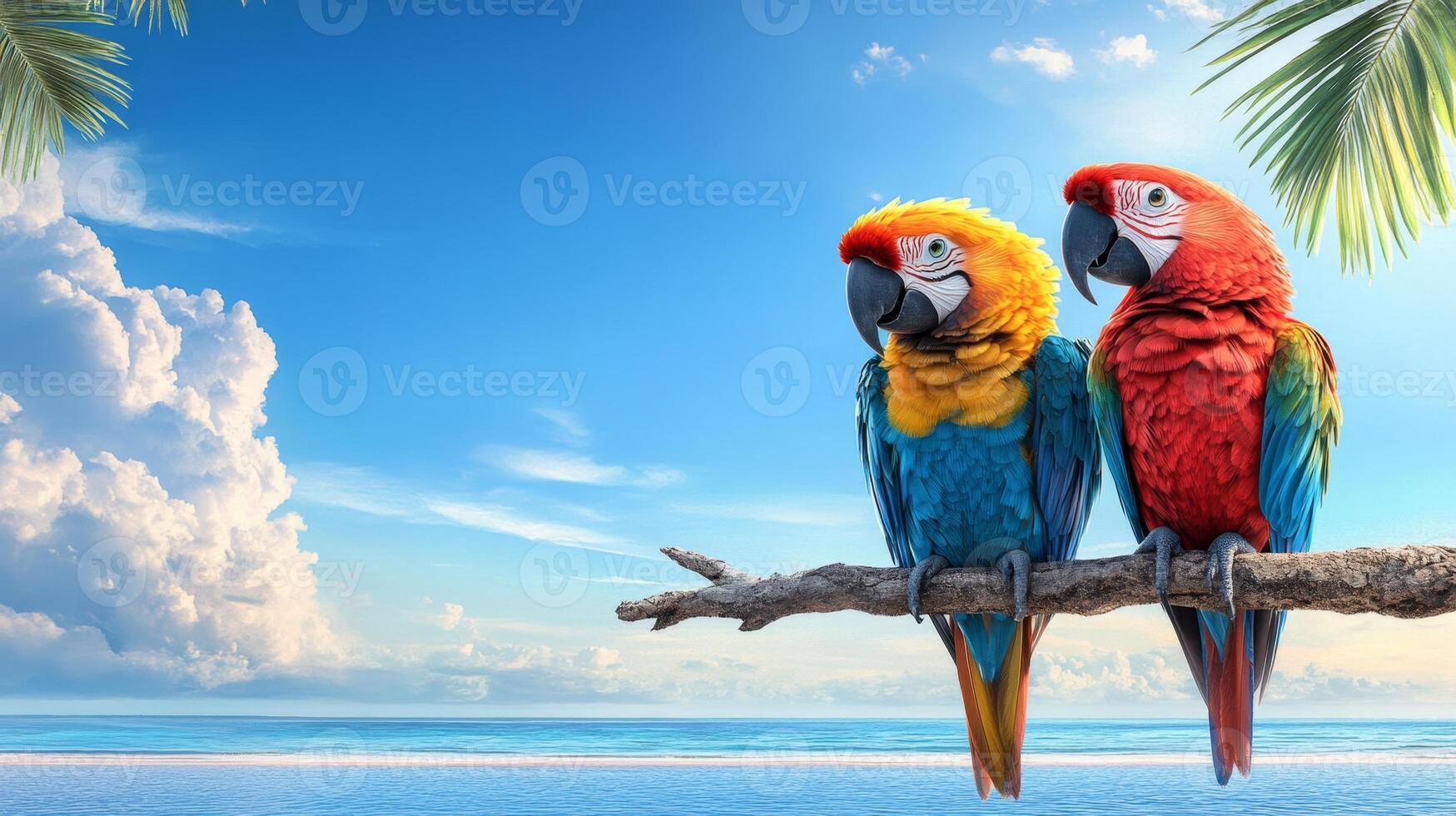 Two vibrant macaws rest on a wooden branch, with their colorful feathers shining under the sun. The tranquil turquoise ocean and lush tropical surroundings create a perfect vacation backdrop. photo