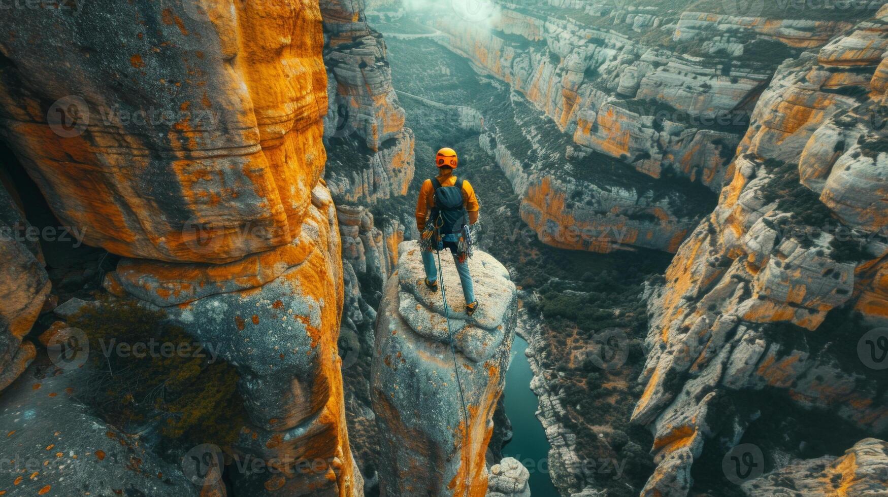 A lone adventurer balances on the edge of a high cliff, gazing into the expansive canyon below, surrounded by rugged rock formations and morning mist that enhances the wild atmosphere. photo