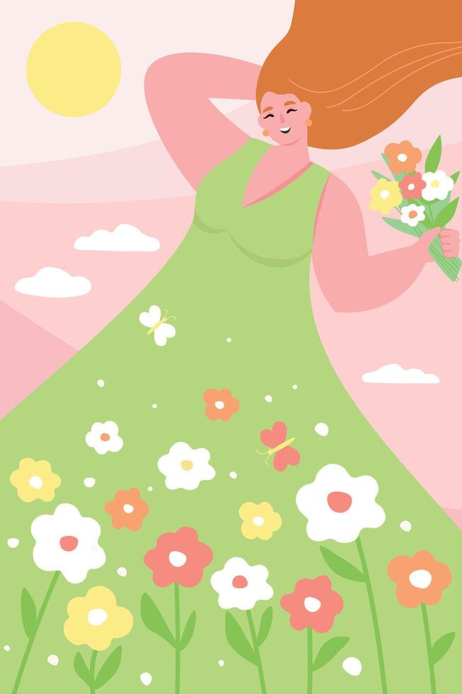 Beautiful happy woman in summer against a background of flowers, the sky with a bouquet in her hand. flat graphics. vector