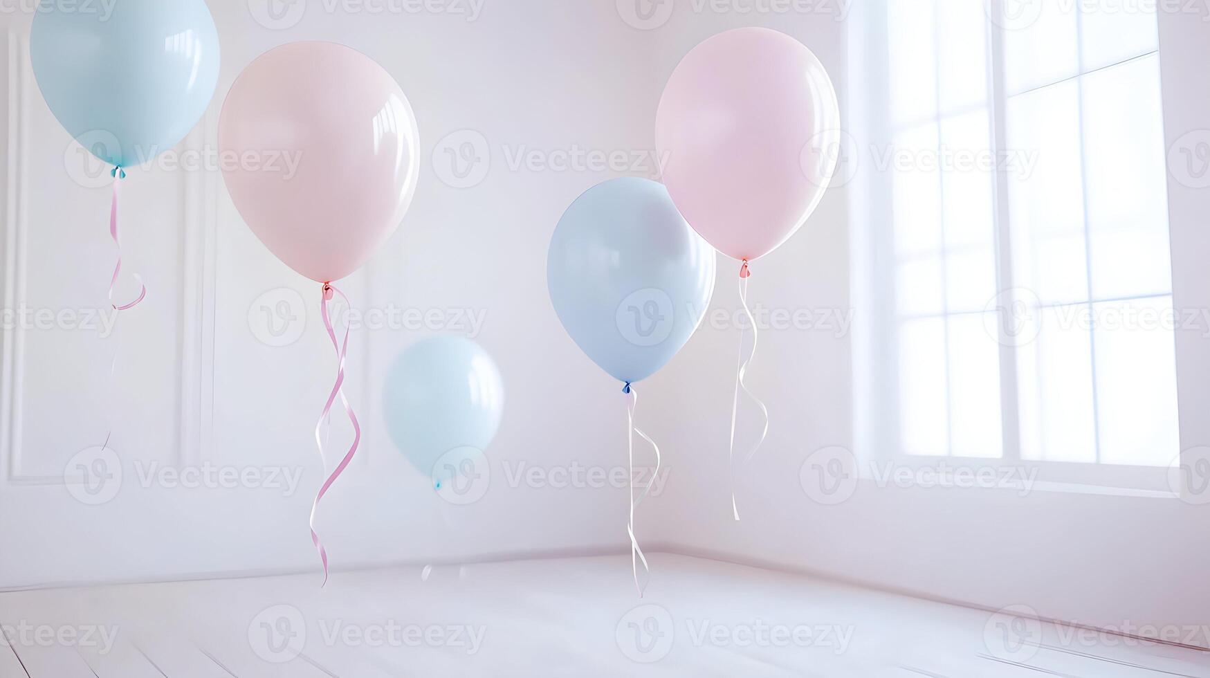 Pastel Perfection, A Serene Scene with Balloons Floating in a Light Filled Room photo