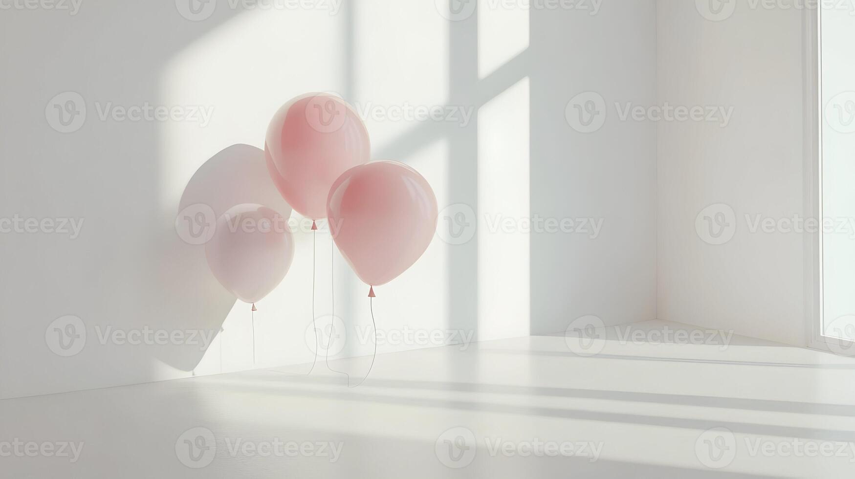 Elegant Pink Balloons in a White Room Bathed in Sunlight with Soft Shadows photo