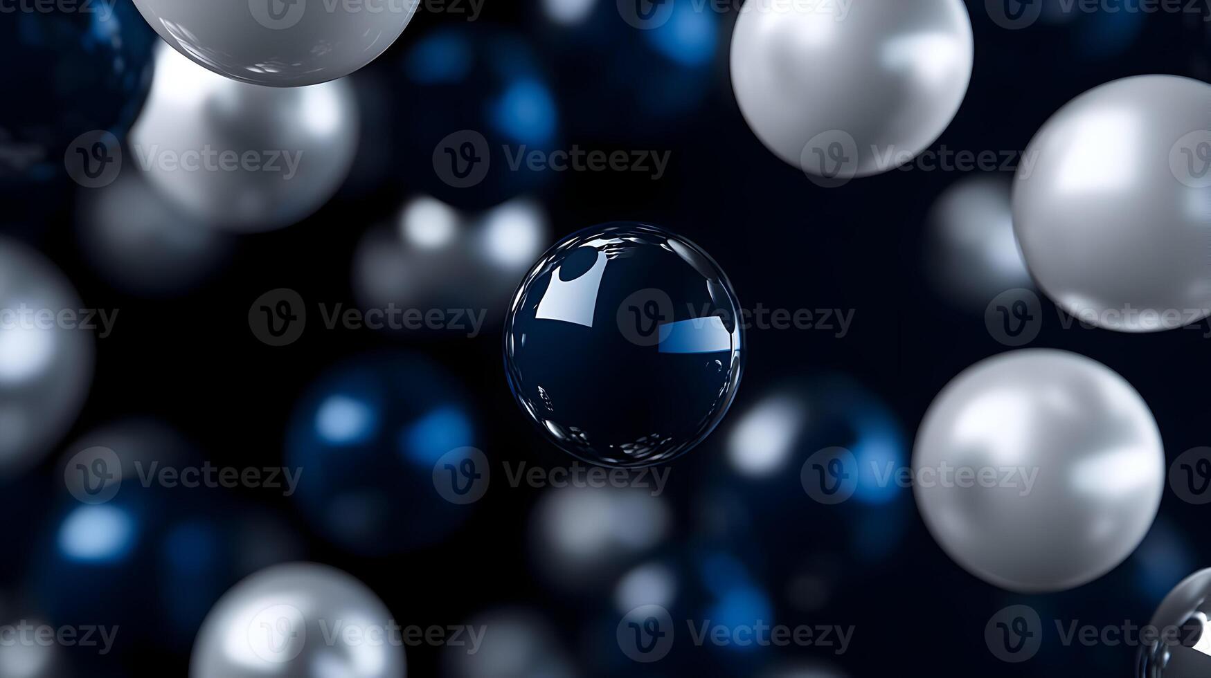 Abstract 3D spheres in blue and white hover against a dark background display photo