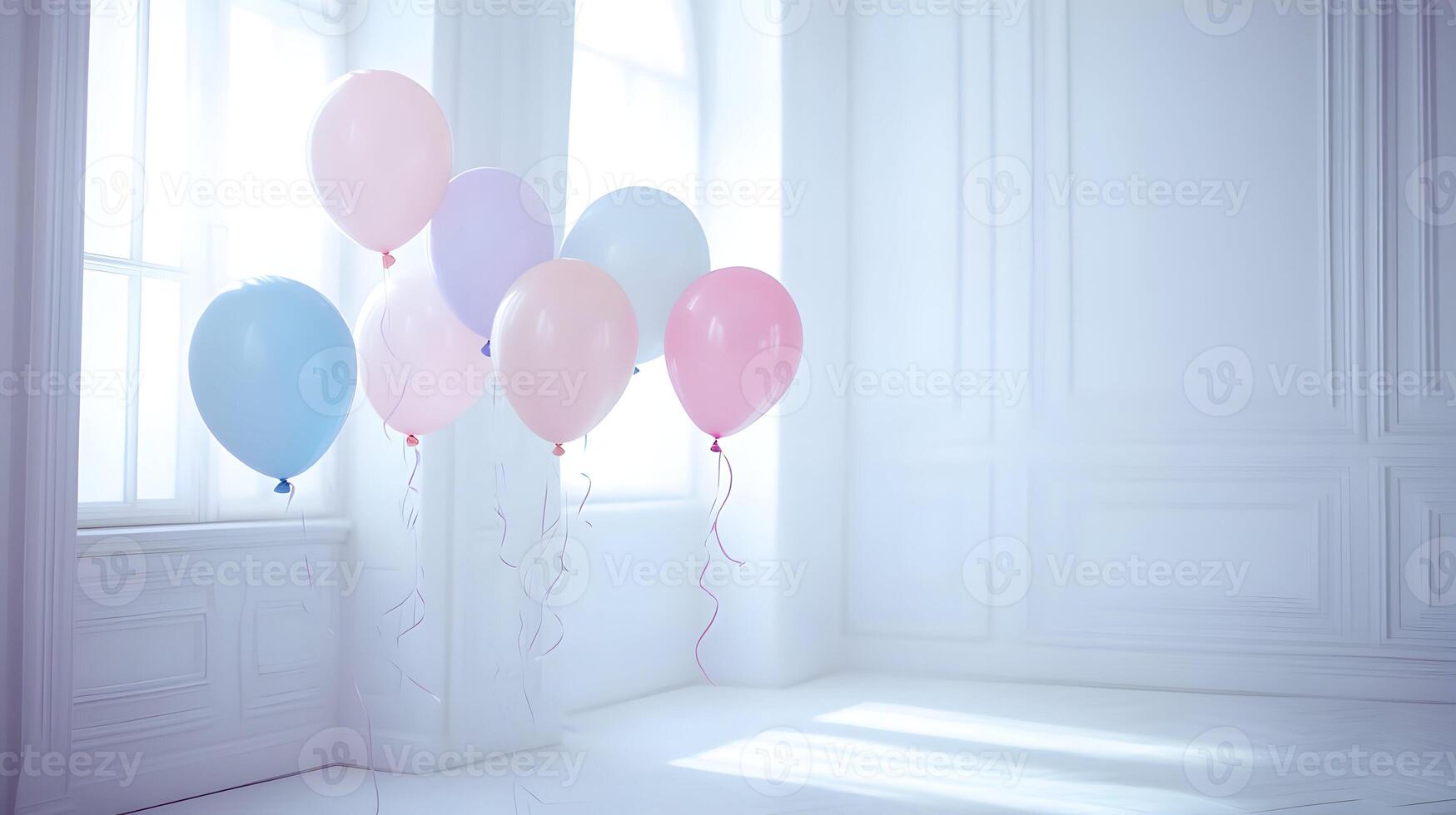 Pastel balloons floating gracefully in a sunlit room, perfect for celebrations photo