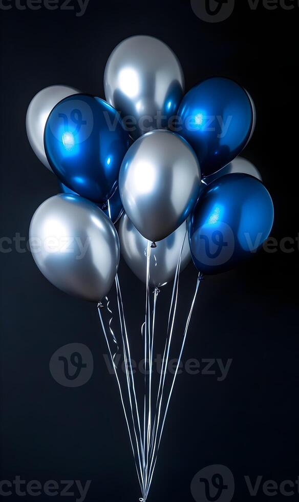 Elegant Blue and Silver Balloons Floating Against a Dark Backdrop for Celebration photo
