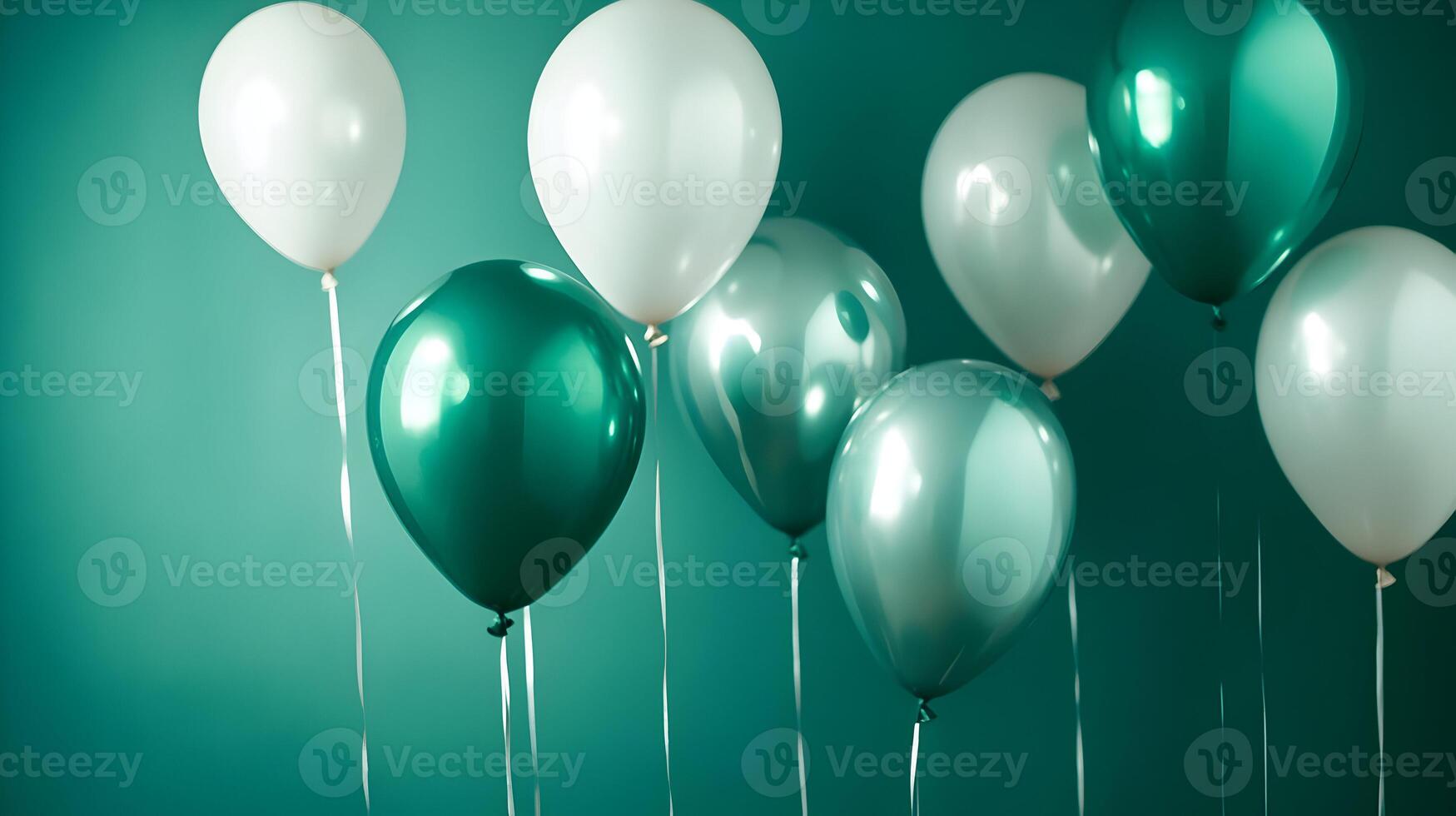 Pastel Celebration, A Festive Array of Green and White Balloons on Teal Background photo