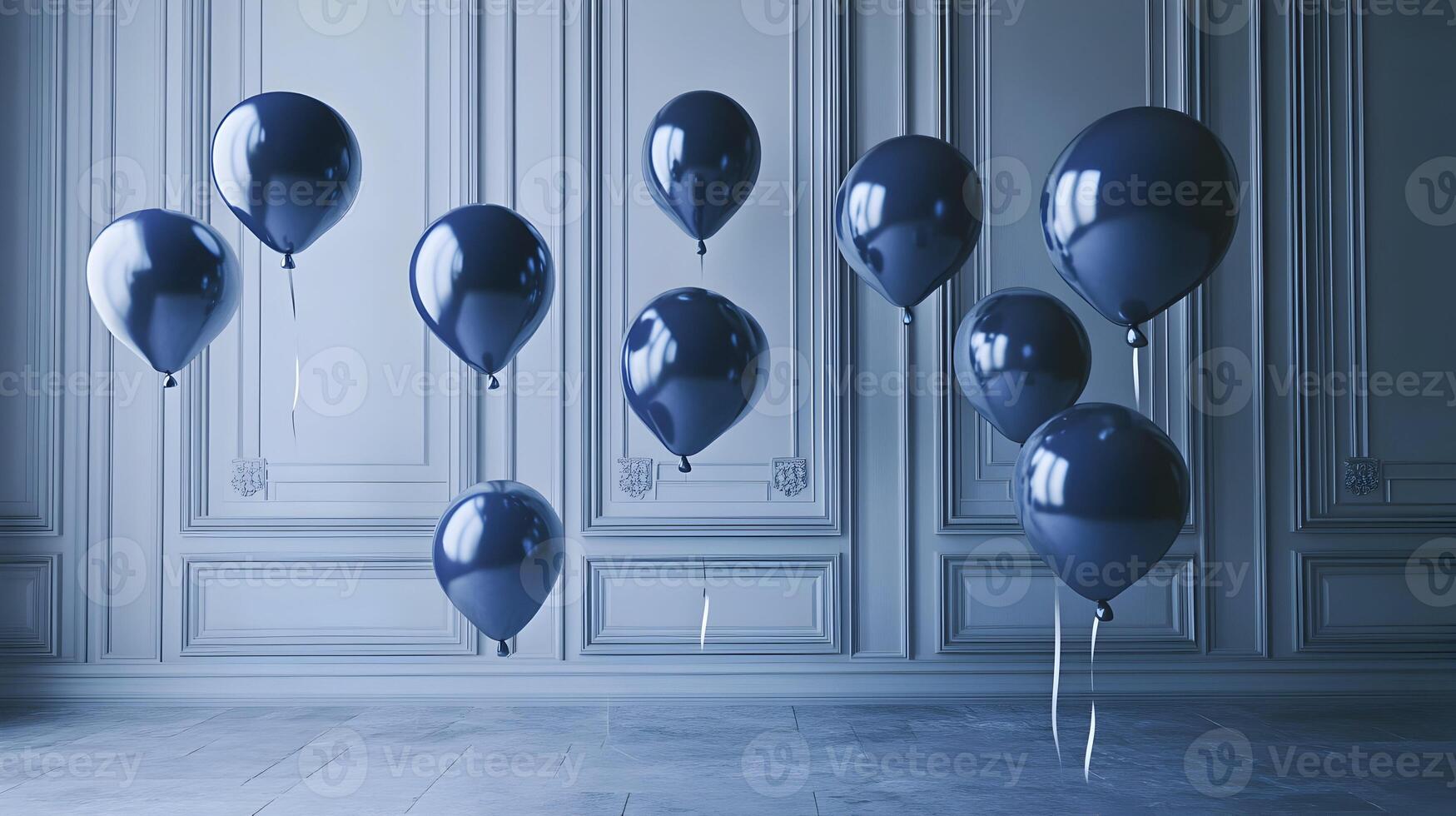 Elegant navy blue balloons floating in a room with classic architecture detail photo