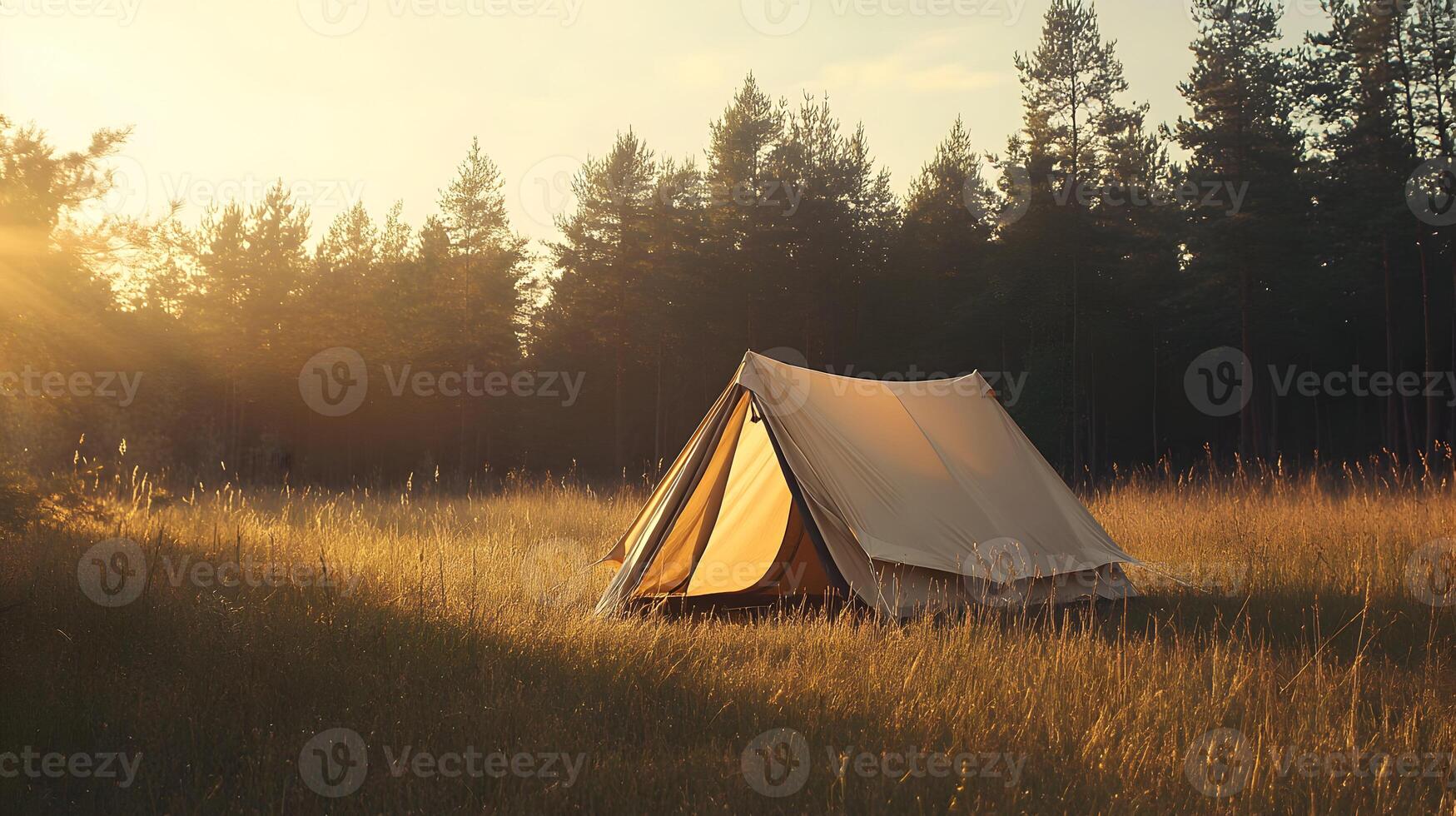 Peaceful camping scene with a tent in a field illuminated by the warm golden light photo