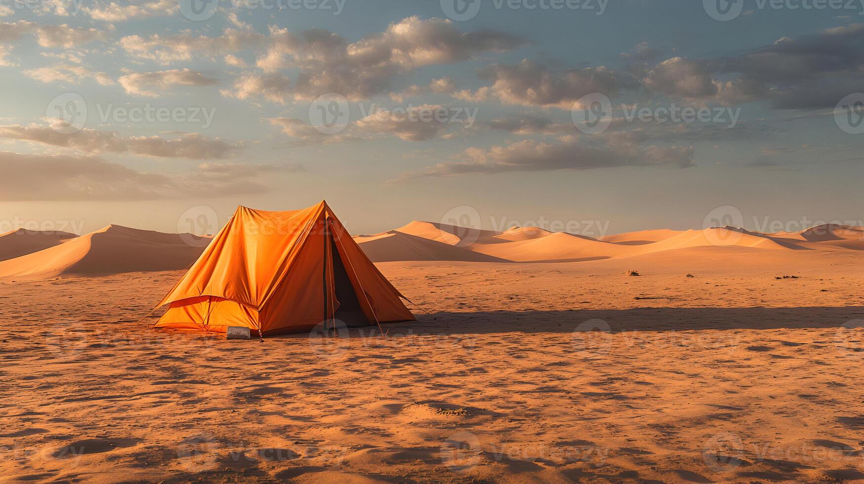 Camping adventure in the desert, serene escape under the vast skies and dunes photo