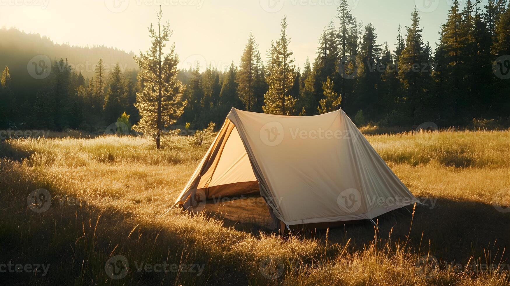 Picturesque campsite at dawn with tent in foreground and forest and sunlight in background photo