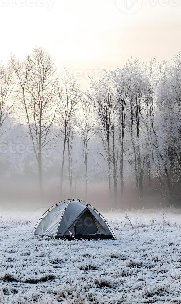 Camping in a winter wonderland a tent nestled in a frosty landscape beneath bare trees photo