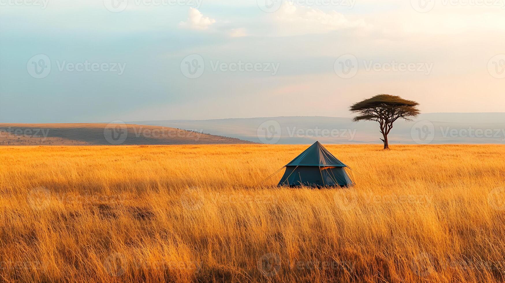 Camping Adventure in the African Savanna, A Lone Tent Under a Spreading Tree photo