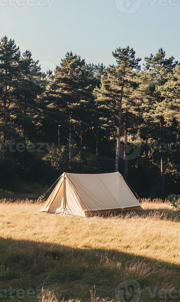 Serene camping experience in nature with a beige tent pitched near the forest photo