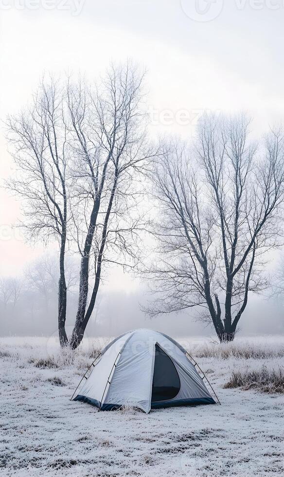 Winter Camping Adventure Tent in a Frosty Landscape with Bare Trees and Foggy Horizon photo