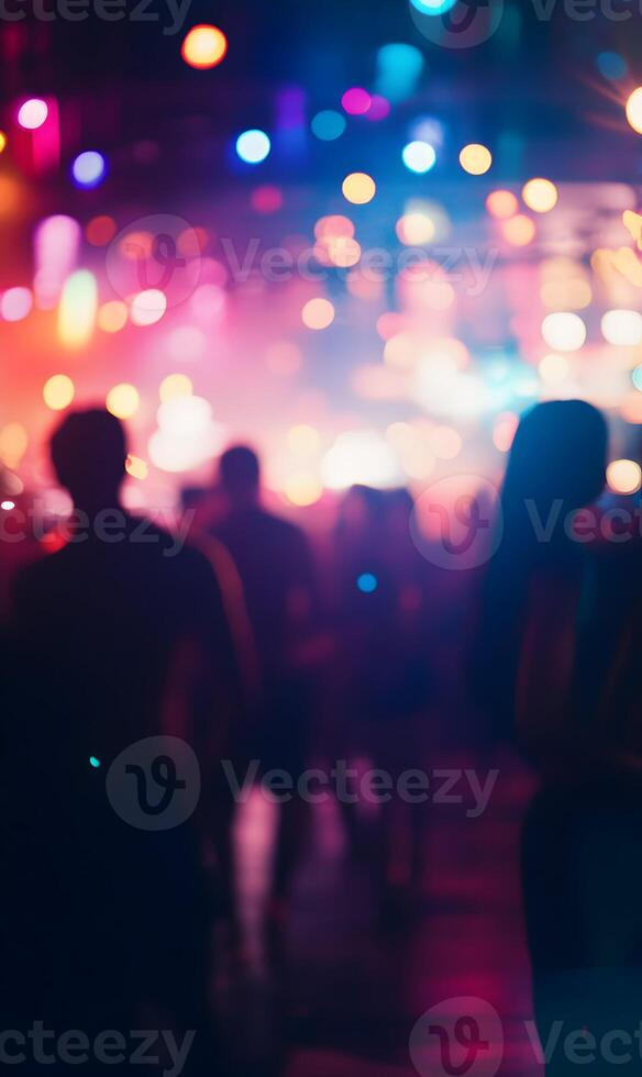 Vibrant Nightlife Scene with Blurred Crowd and Bokeh Lights creating lively atmosphere photo