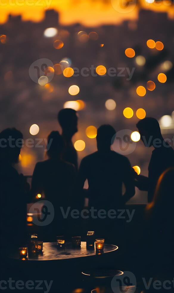 Enchanting skyline view from a rooftop gathering in the evening with bokeh lights photo