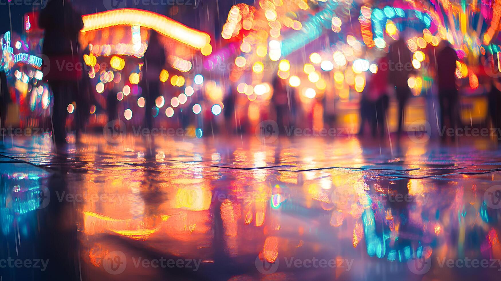 Rainy night reflections, City lights shimmering on wet pavement create vibrant scene photo