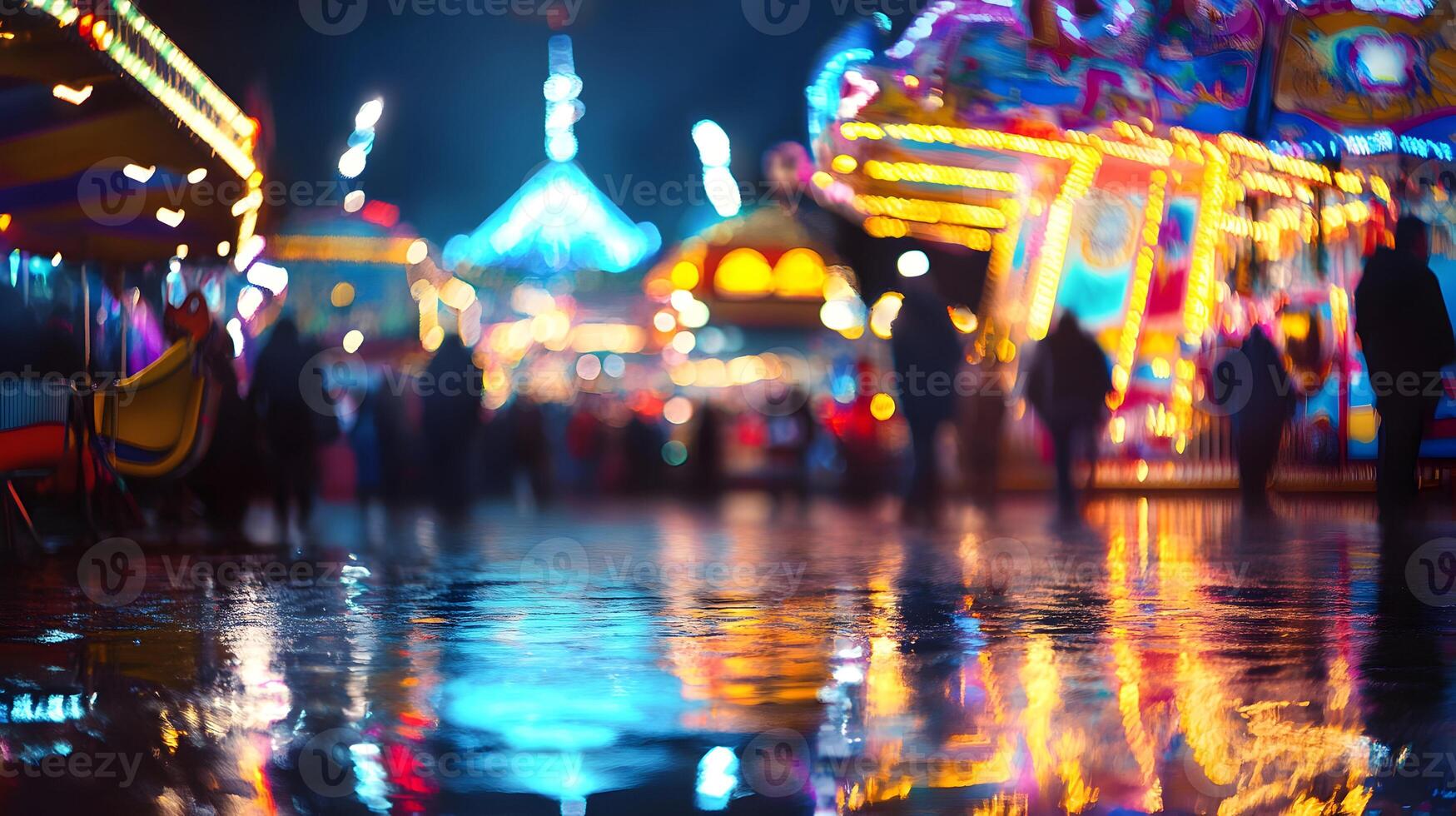 Reflections of a Night Fair, Bright Lights and Blurred Figures on Wet Pavement photo