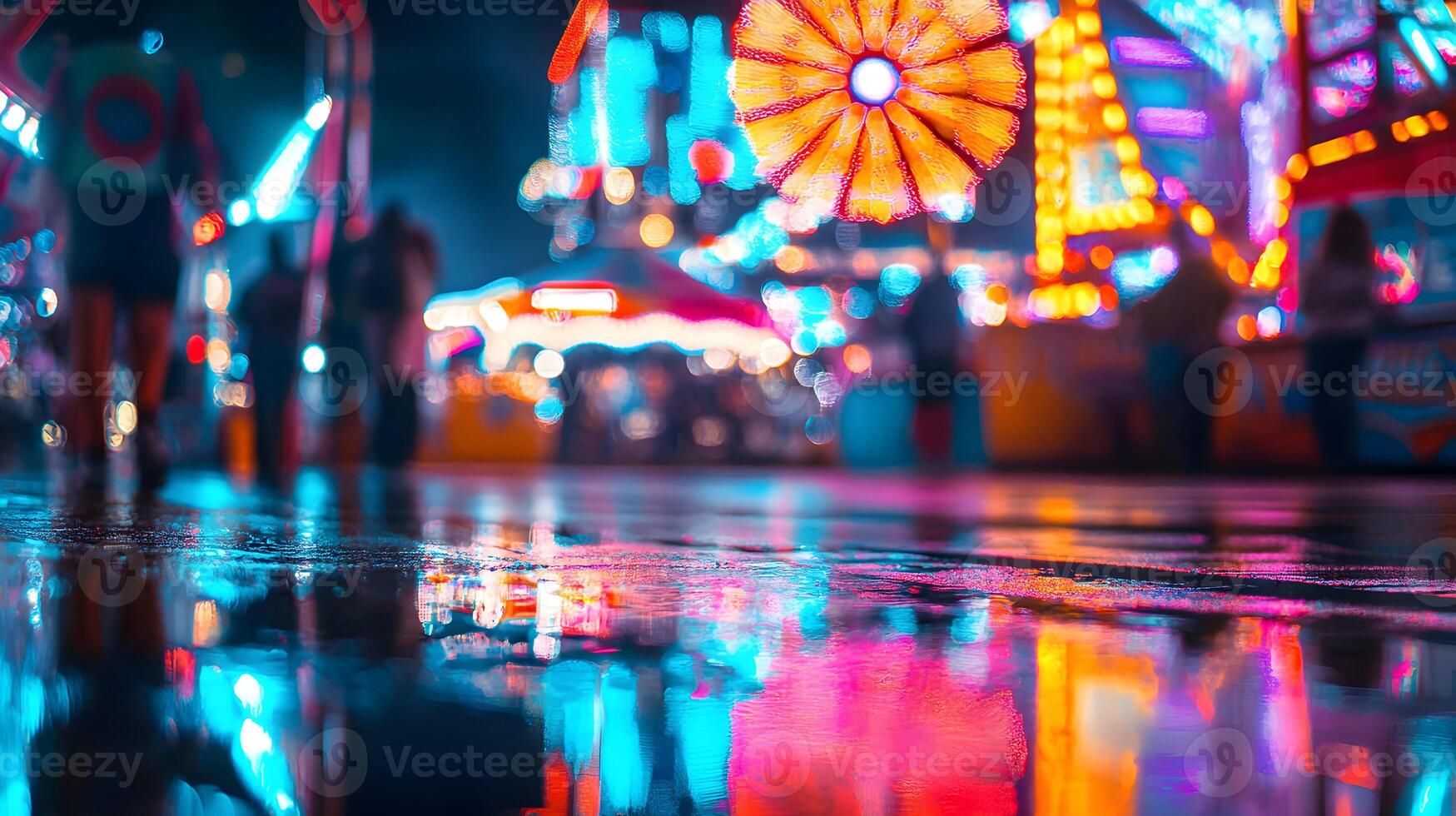 Vibrant Reflections Capturing the Energetic Atmosphere of a Carnival at Night photo
