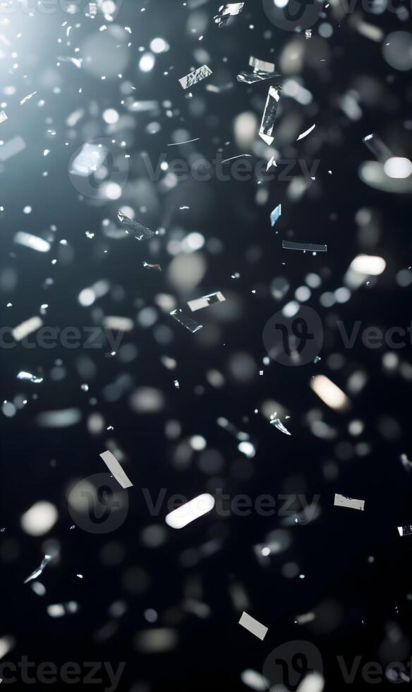 Elegant Silver Confetti Falling on a Dark Background with Bokeh Lights Effect photo