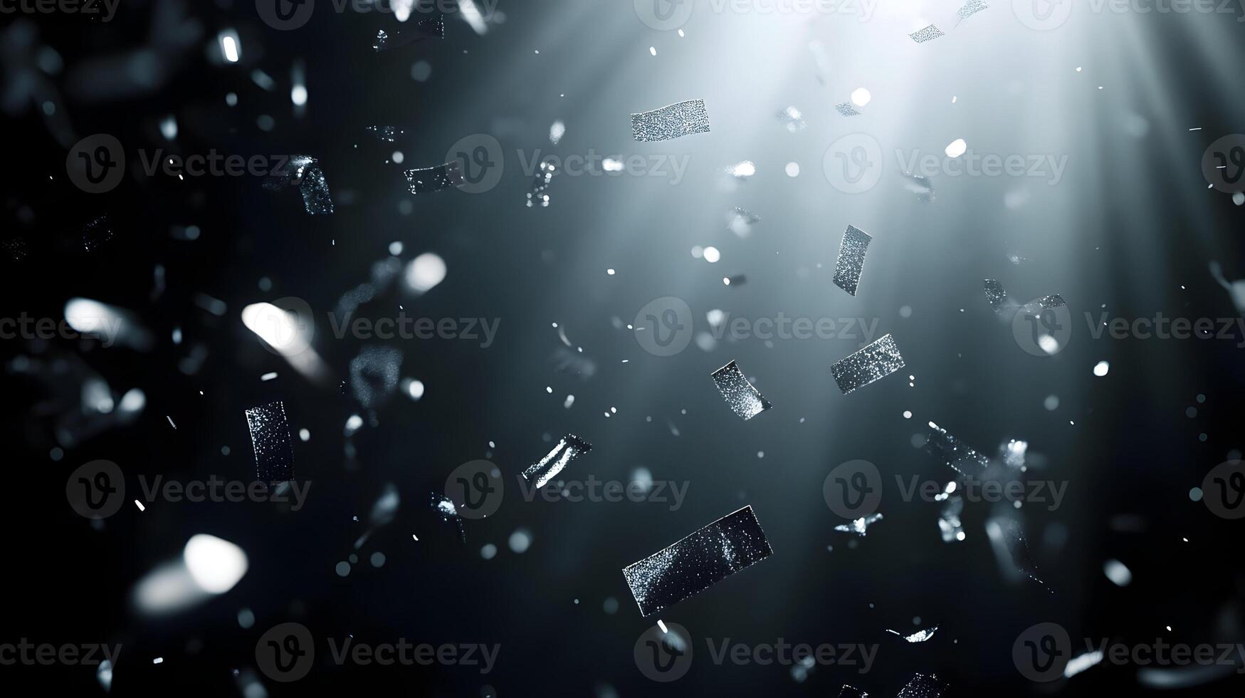 Celebration background with falling shiny confetti and bright spotlights, party time photo