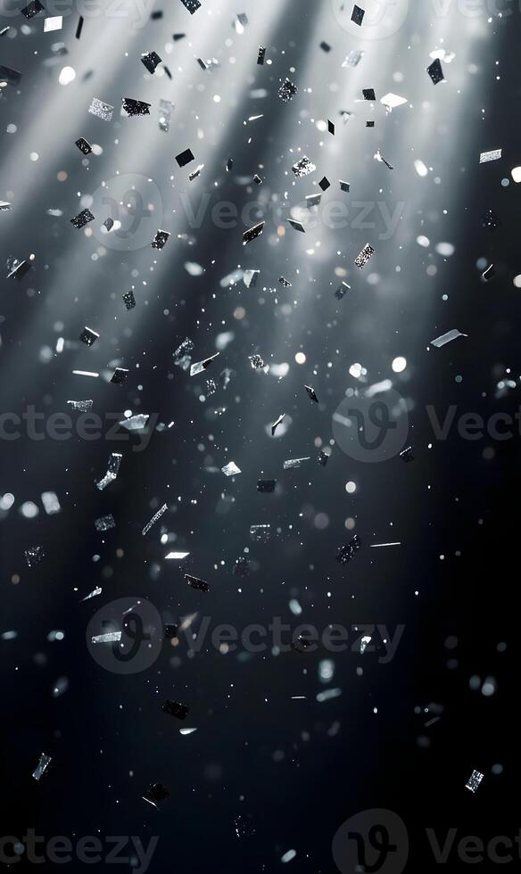 Abstract festive background with falling silver confetti and sparkling light rays effect photo