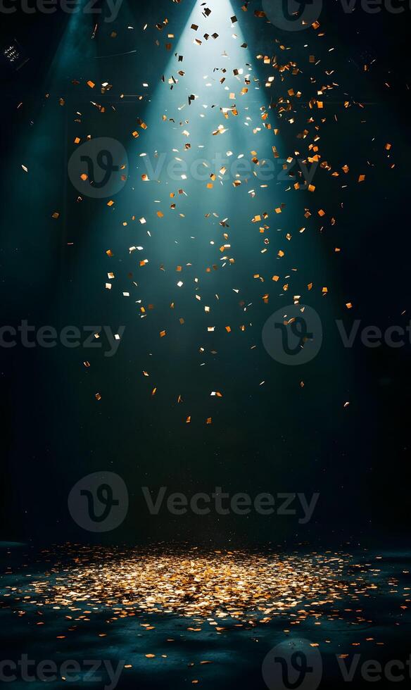 Celebratory confetti shower under spotlight, creating a festive and dynamic atmosphere photo