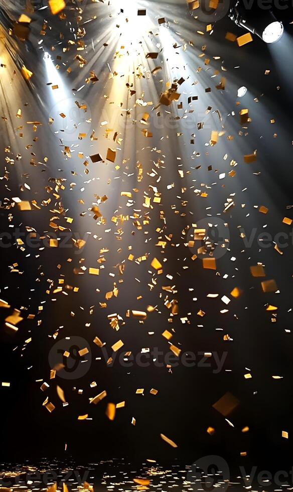 Celebration with falling golden confetti under spotlights for festive occasions photo