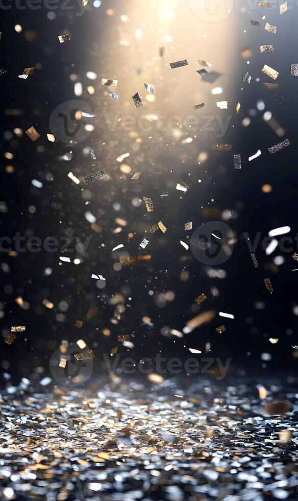 Spectacular gold and silver confetti falling on a surface under a spotlight scene photo