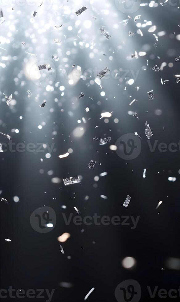 Celebratory Atmosphere with Silver Confetti Falling Against a Dark Background photo