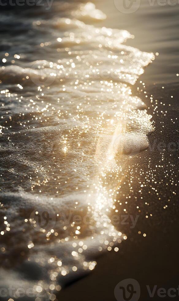 Golden hour waves lapping on the shore creating sparkling patterns and serene mood photo