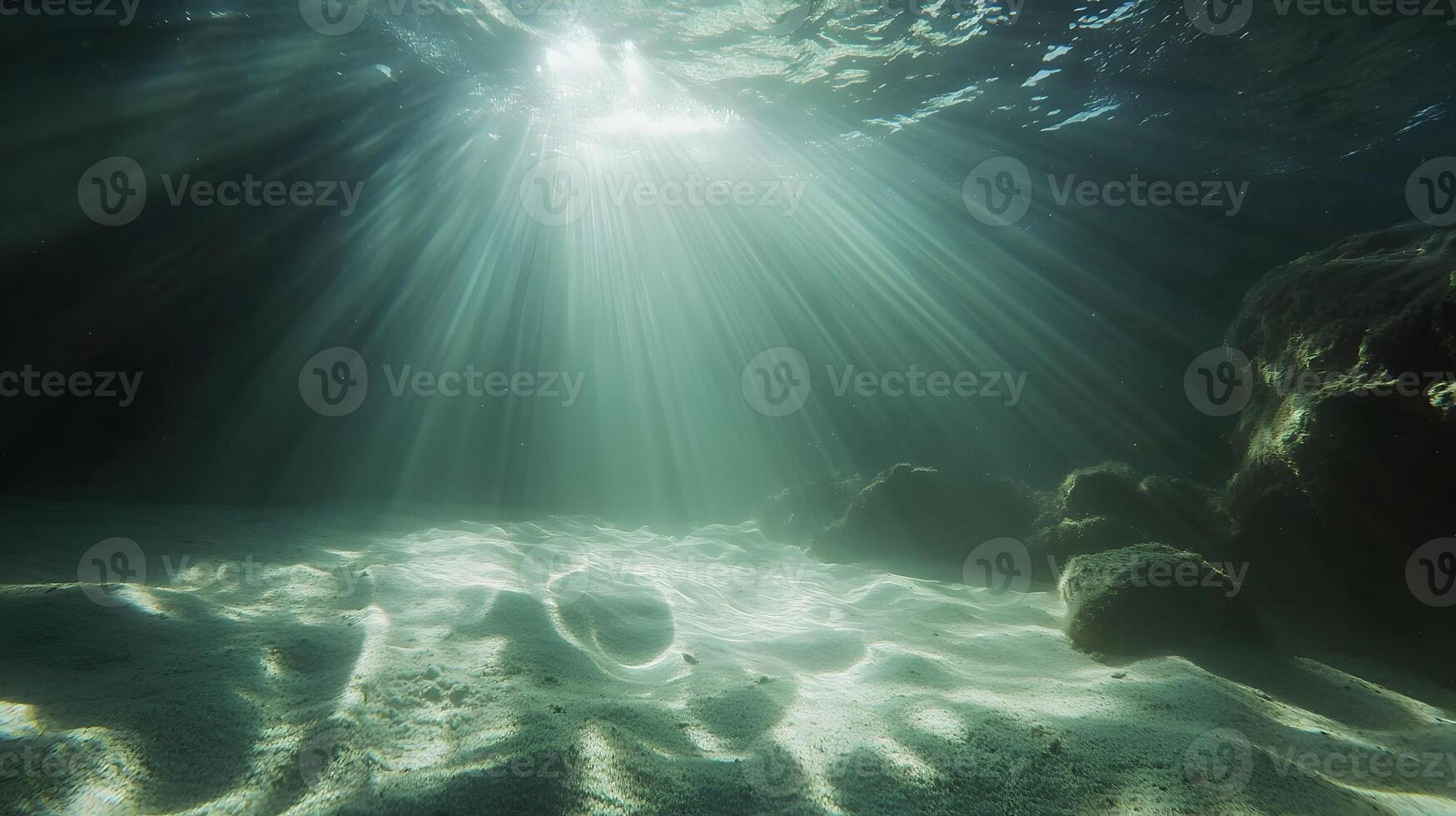 Underwater sunlight creating light rays through turquoise water onto sandy seabed photo