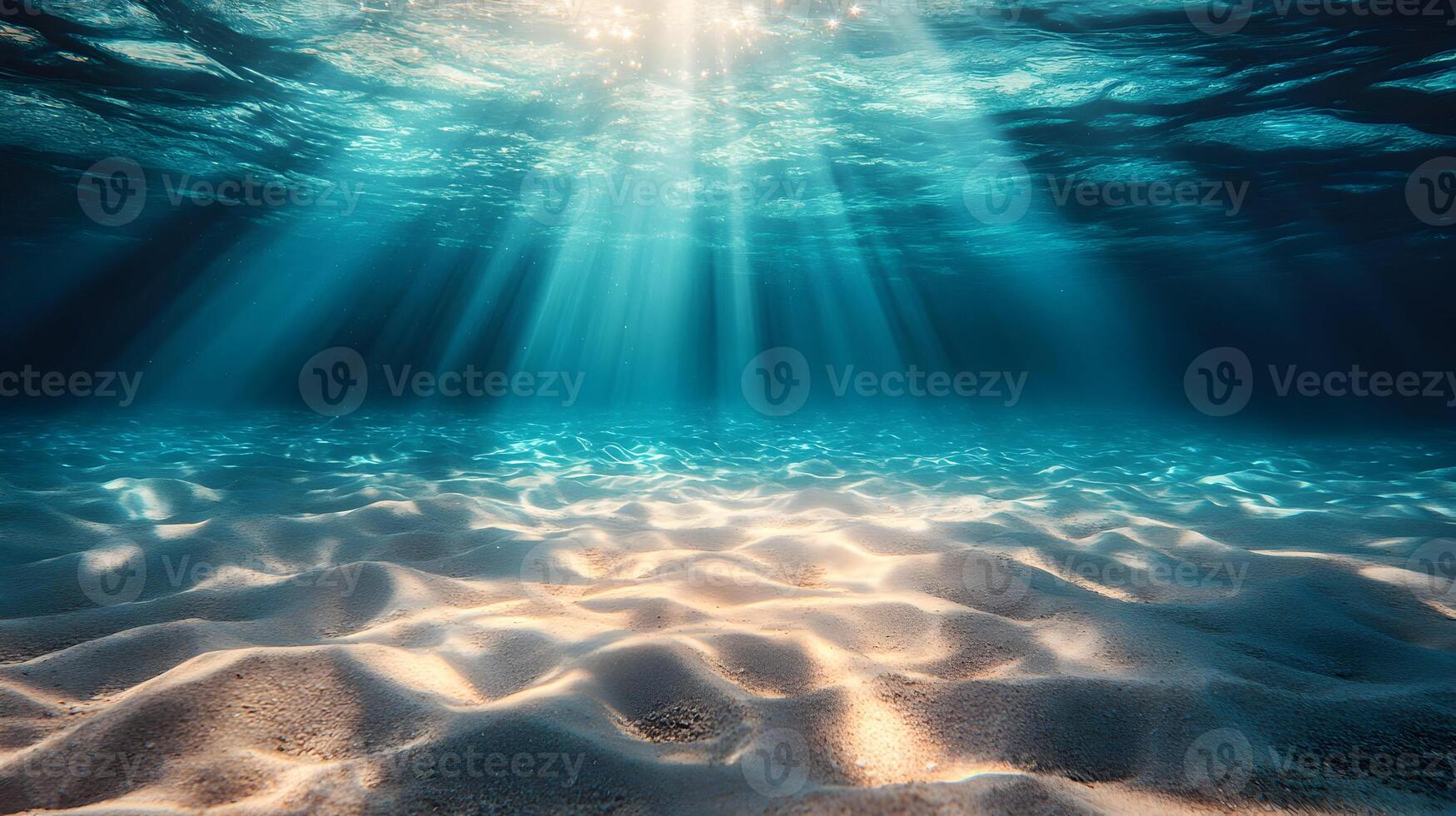 Underwater paradise with sunbeams illuminating sandy seabed and crystal clear water photo