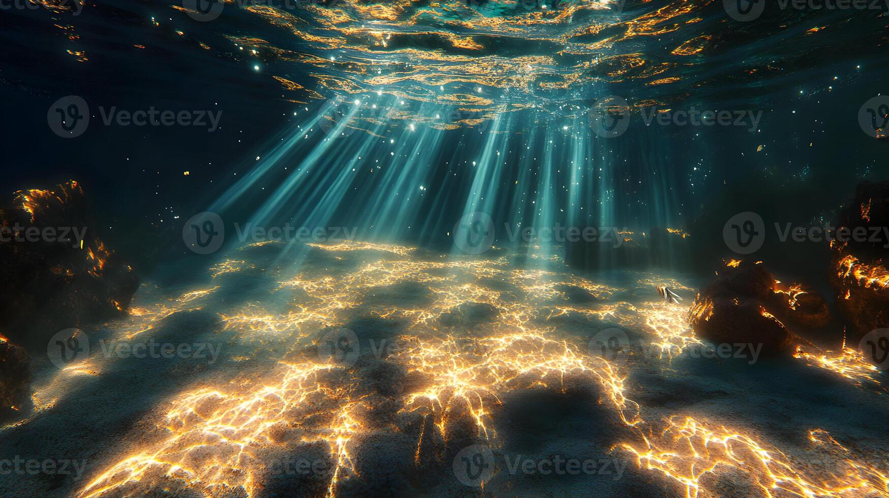 Underwater spectacle of light rays filtering through the water's surface scenery photo
