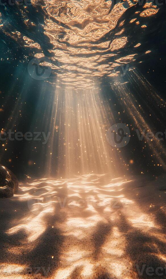 Enchanting underwater scene with sun rays penetrating the surface creating magical patterns photo