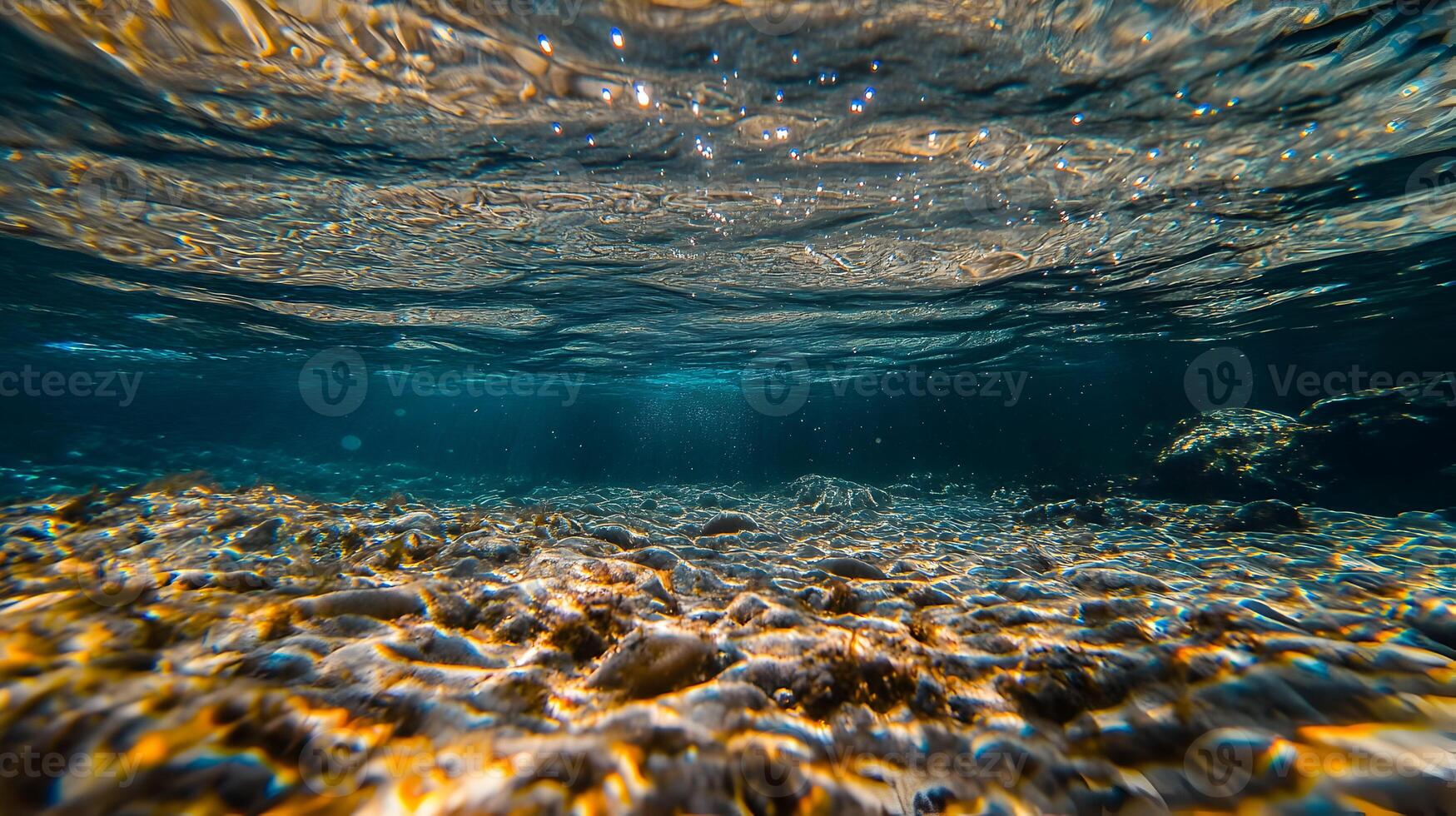 Underwater Tranquility, Glimpse of Ocean Floor with Sunlight Rippling Through the Surface photo