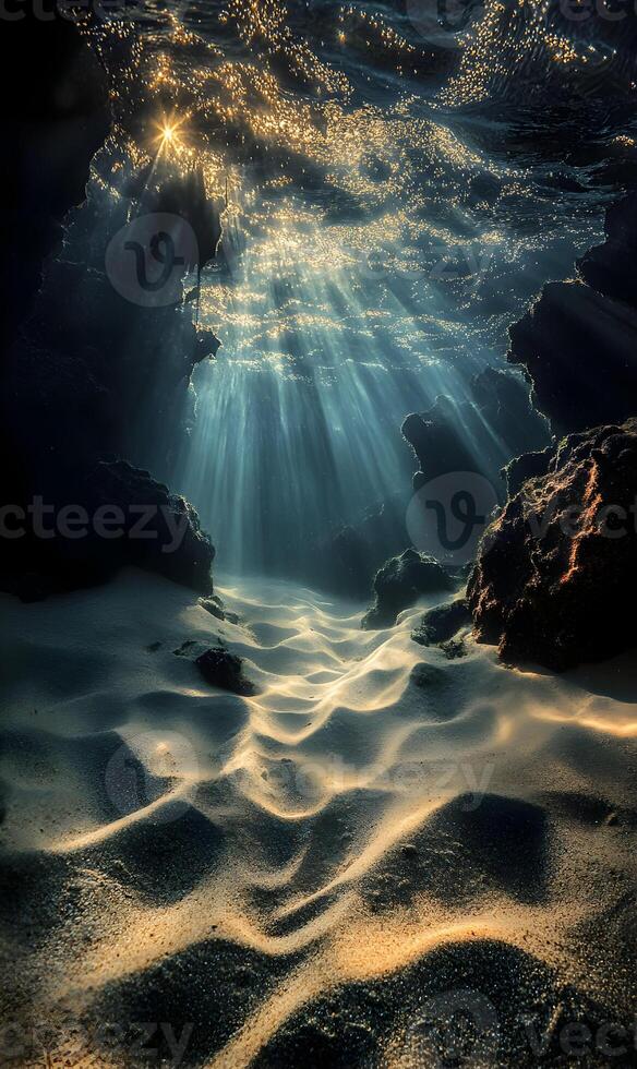 Underwater Serenity, Sunlit Rays Illuminate a Sandy Seascape in Ocean Depths photo