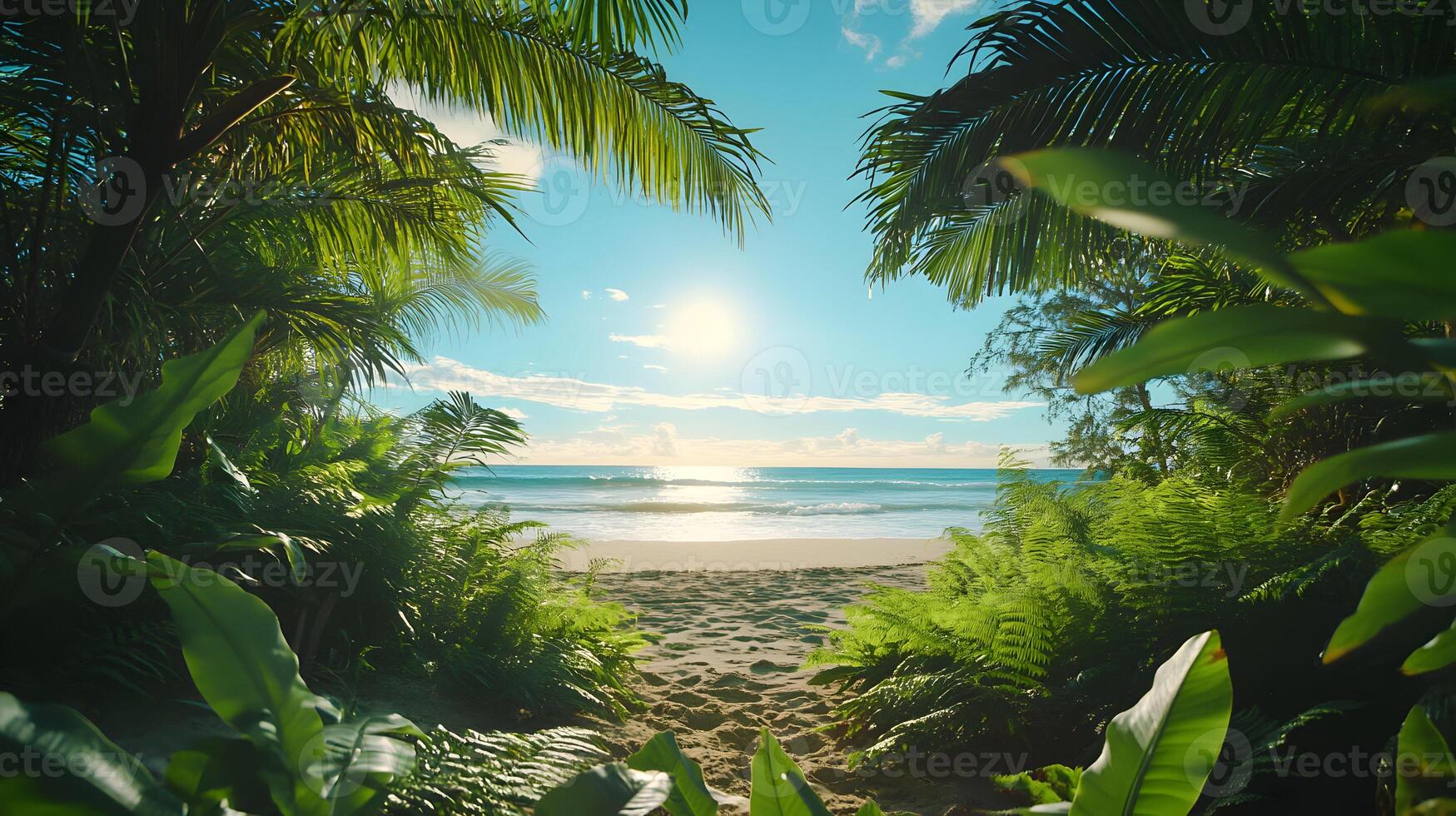 Idyllic tropical beach paradise framed by lush green foliage and crystal clear turquoise waters photo