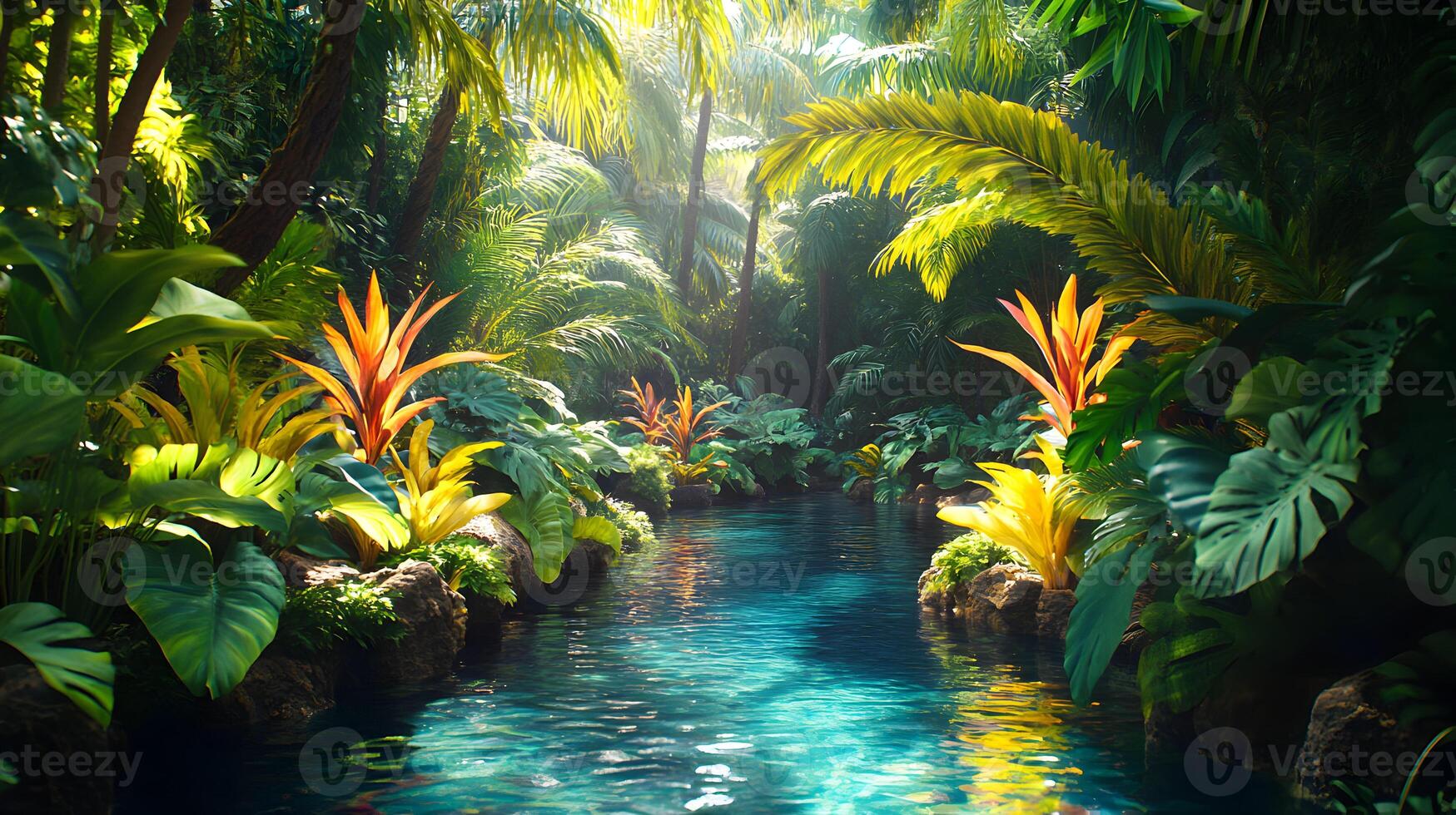 Serene tropical river scene with lush vegetation and vibrant colors, a peaceful paradise photo