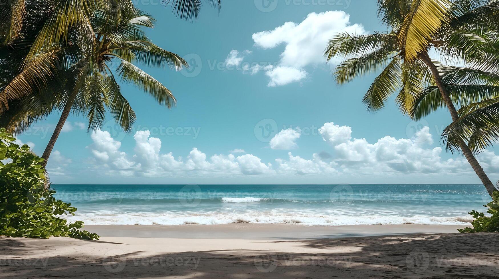 Idyllic beach scene with palm trees, blue sky, and serene turquoise ocean view photo