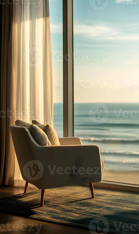 Coastal Serenity, Armchair View of the Ocean at Dawn with Soft Light and Peaceful Atmosphere photo