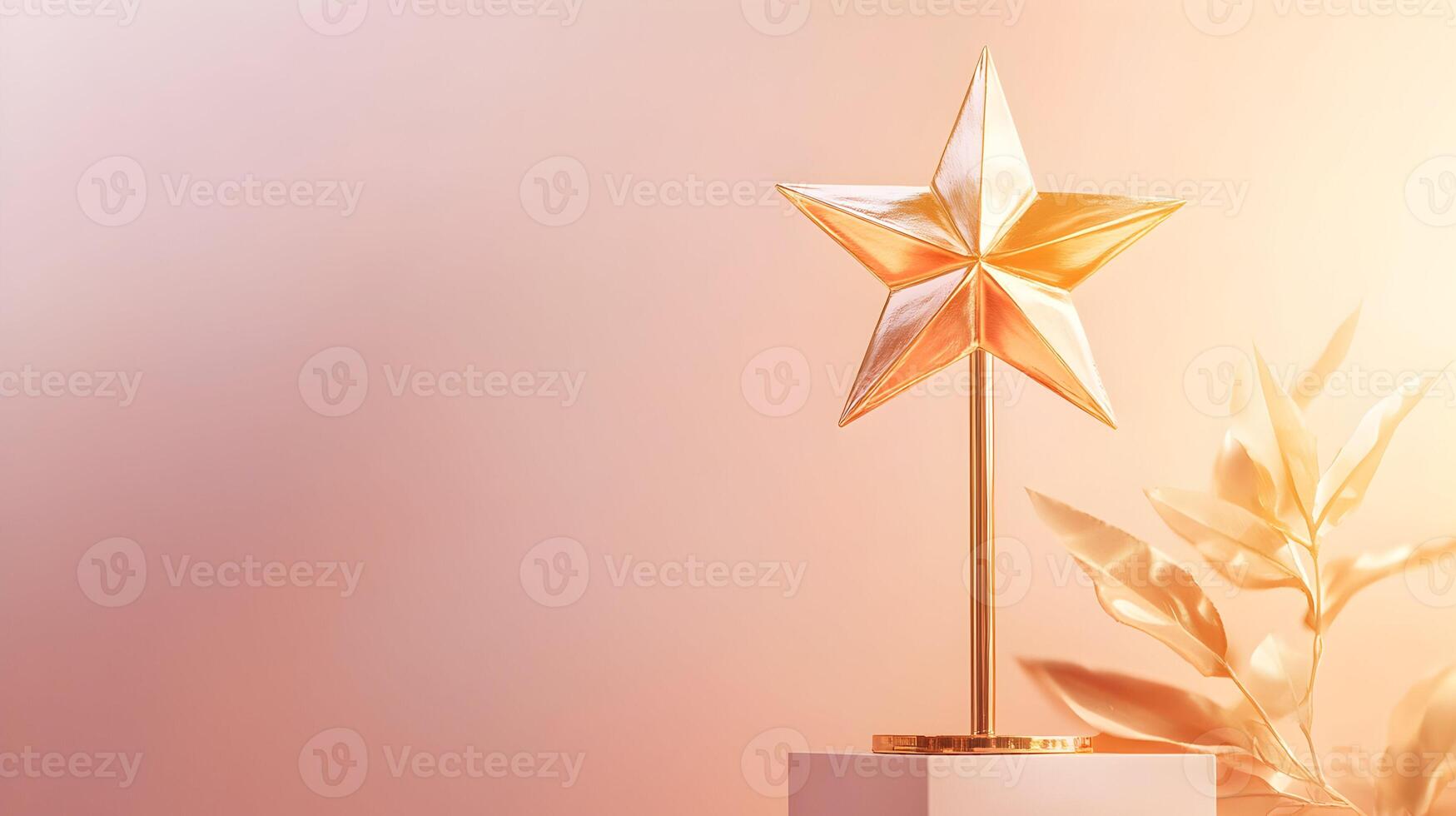Elegant Golden Star Award Trophy on Podium with Golden Leaves Decoration Backdrop photo