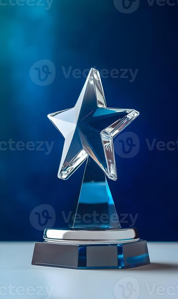 Elegant crystal star award trophy on a brilliant blue background symbolizing success photo