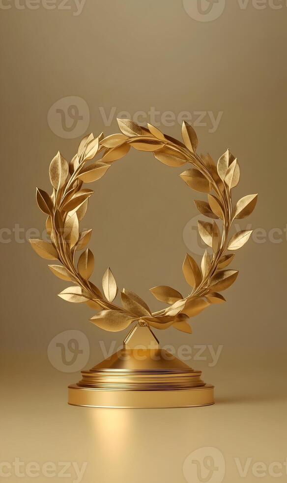 Golden laurel wreath on a pedestal, symbol of victory, success and achievement prize photo