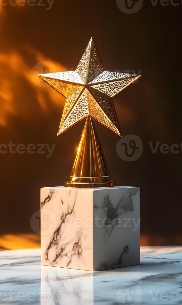 Elegant golden star trophy on marble stand signifying success and achievement, bright light photo