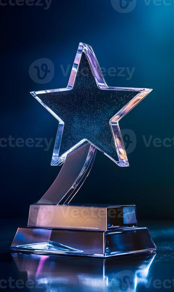 Elegant crystal star trophy gleaming with a subtle blue light on a reflective surface photo