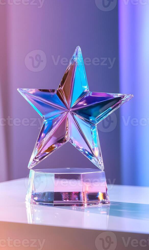 Elegant crystal star award with iridescent reflections on a gradient background photo