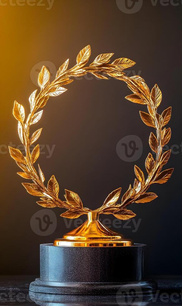 Golden laurel wreath trophy symbolizing victory, achievement, and excellence award photo