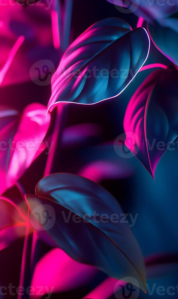 Elegant plant leaves bathed in vibrant neon lights creating a captivating atmosphere photo
