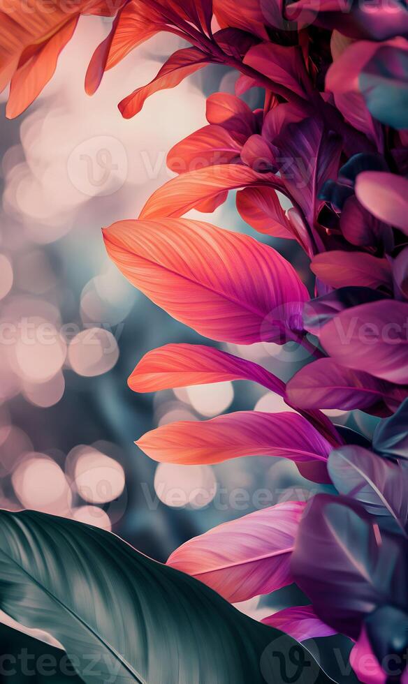 A captivating close up of vibrant foliage with orange and purple hues and bokeh background photo